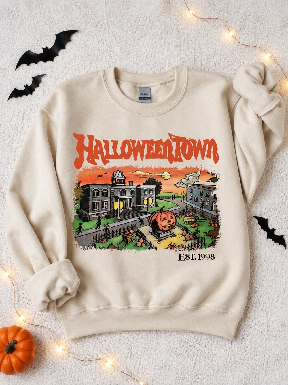 HalloweenTown Graphic Crewneck Sweatshirt Gildan Sand - Picture 2 of 6
